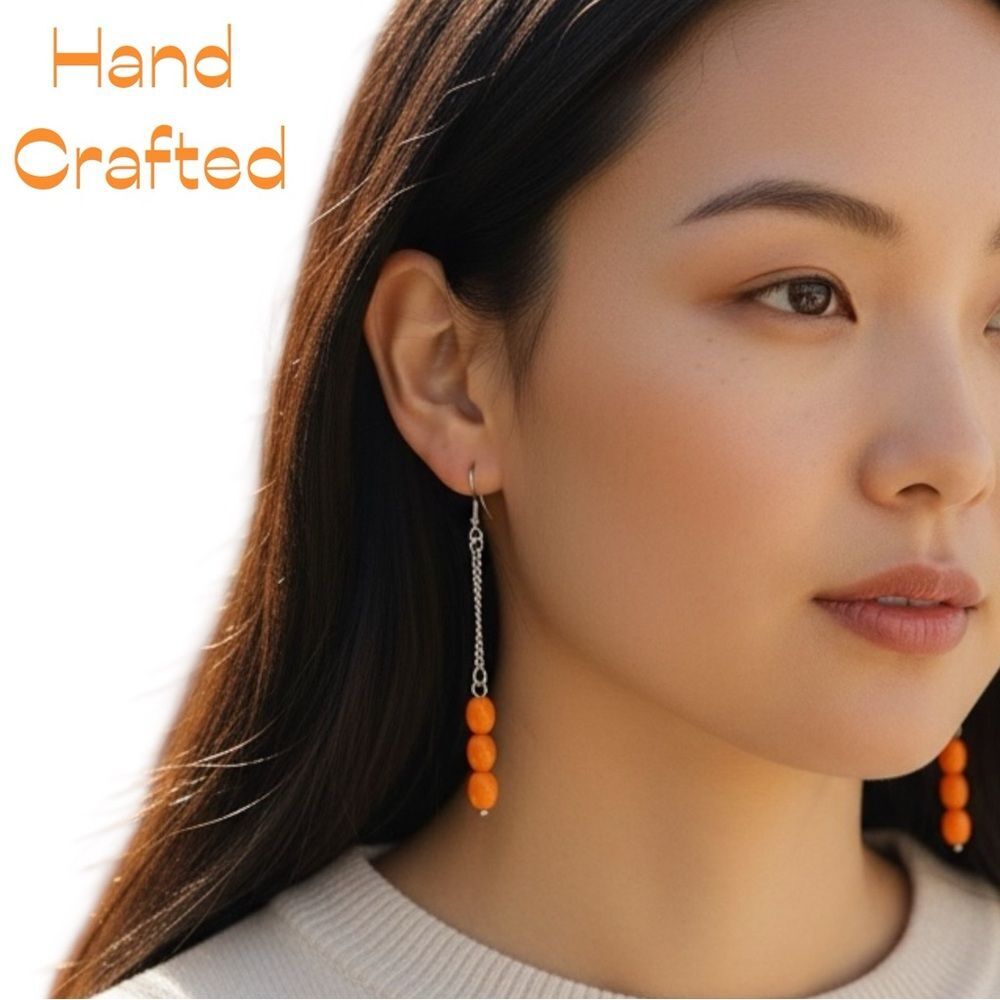 Hand Crafted Orange Beads With Silver Chain Earrings NWT